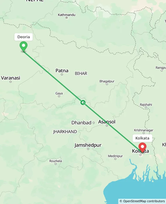 Route map showing distance and travel time from Deoria, India to Kolkata, India