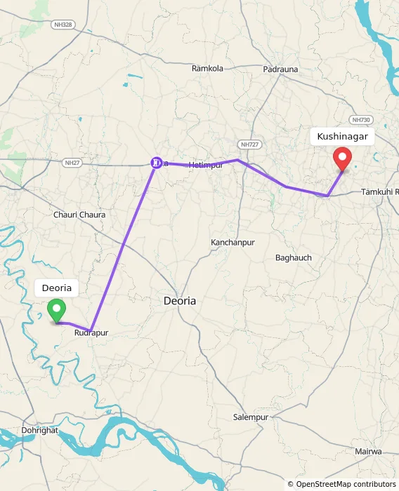 Route map showing distance and travel time from Deoria, India to Kushinagar, India