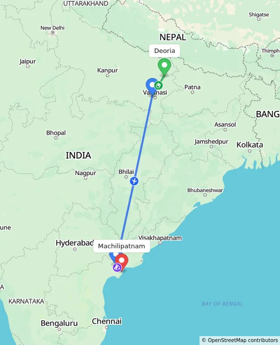 Route map showing distance and travel time from Deoria, India to Machilipatnam, India