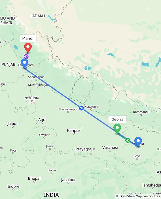 Route map showing distance and travel time from Deoria, India to Mandi, India