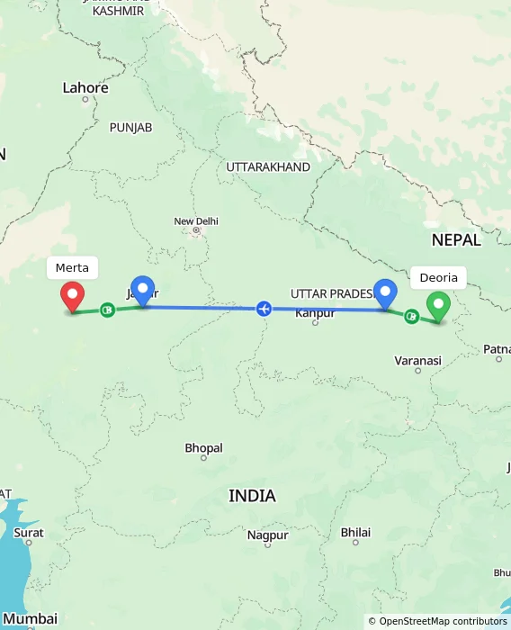 Route map showing distance and travel time from Deoria, India to Merta, India
