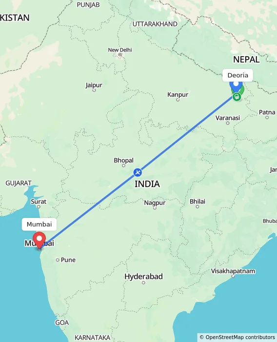 Route map showing distance and travel time from Deoria, India to Mumbai, India