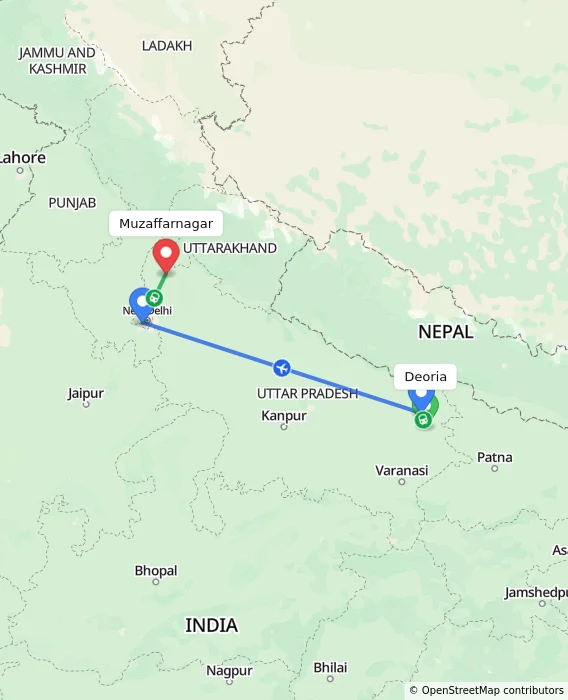 Route map showing distance and travel time from Deoria, India to Muzaffarnagar, India