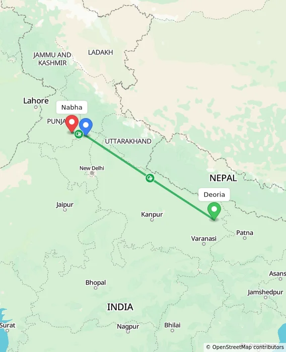 Route map showing distance and travel time from Deoria, India to Nabha, India
