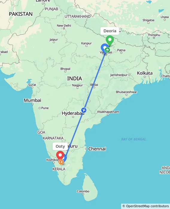 Route map showing distance and travel time from Deoria, India to Ooty, India