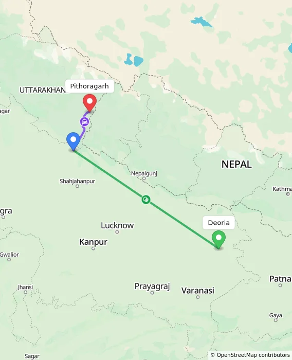 Route map showing distance and travel time from Deoria, India to Pithoragarh, India