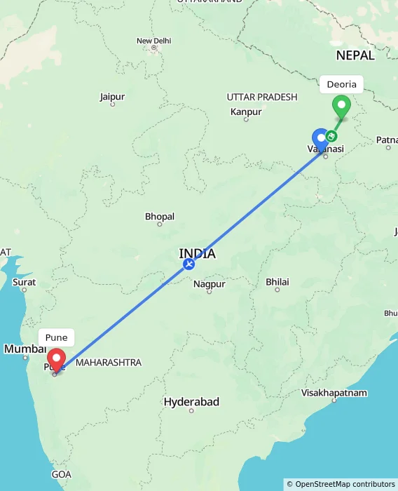 Route map showing distance and travel time from Deoria, India to Pune, India