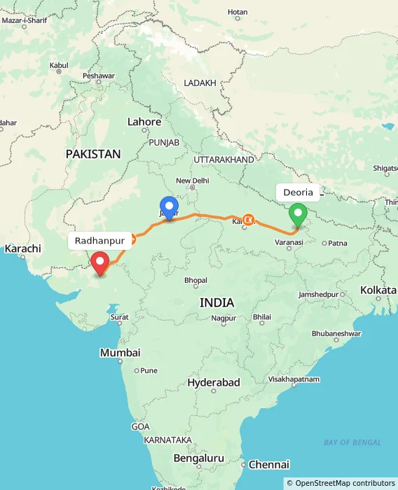 Route map showing distance and travel time from Deoria, India to Radhanpur, India