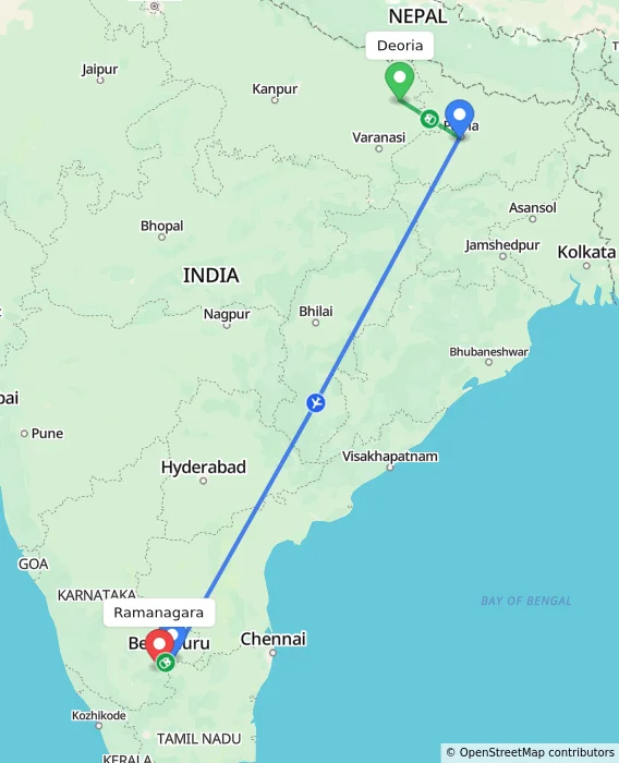 Route map showing distance and travel time from Deoria, India to Ramanagara, India