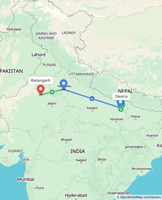 Route map showing distance and travel time from Deoria, India to Ratangarh, India