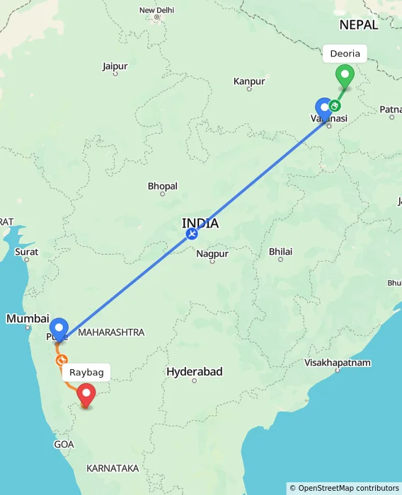 Route map showing distance and travel time from Deoria, India to Raybag, India