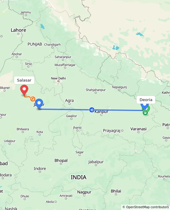 Route map showing distance and travel time from Deoria, India to Salasar, India