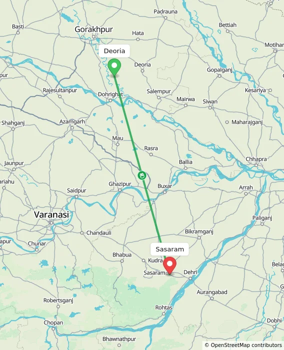 Route map showing distance and travel time from Deoria, India to Sasaram, India