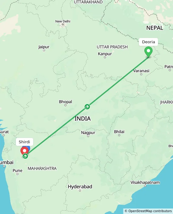 Route map showing distance and travel time from Deoria, India to Shirdi, India