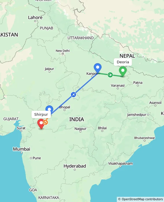 Route map showing distance and travel time from Deoria, India to Shirpur, India