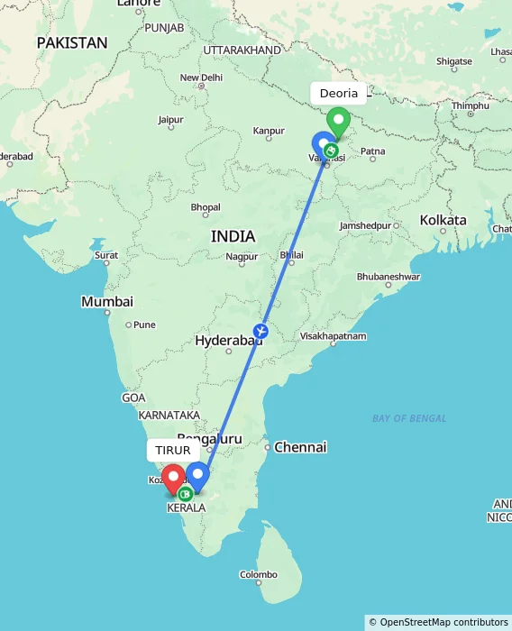 Route map showing distance and travel time from Deoria, India to TIRUR, India