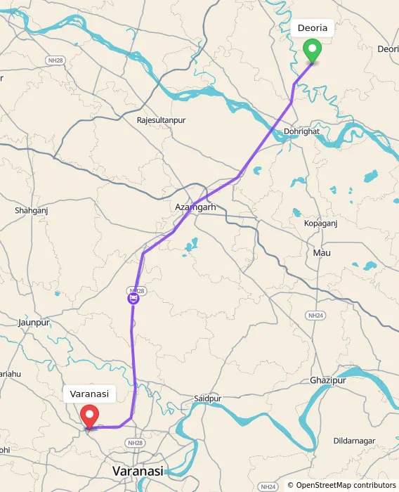Route map showing distance and travel time from Deoria, India to Varanasi, India