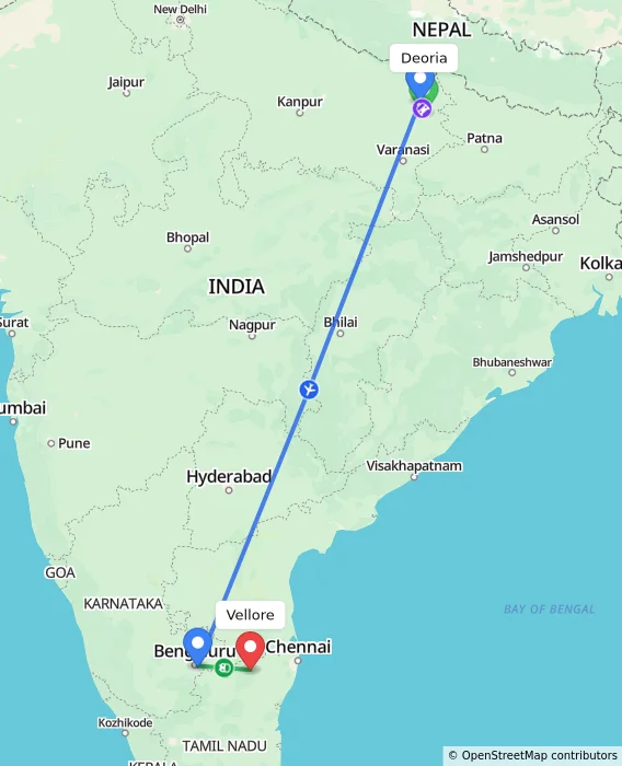 Route map showing distance and travel time from Deoria, India to Vellore, India