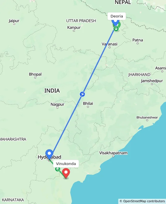 Route map showing distance and travel time from Deoria, India to Vinukonda, India
