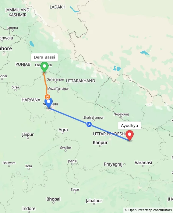 Route map showing distance and travel time from Dera Bassi, India to Ayodhya, India