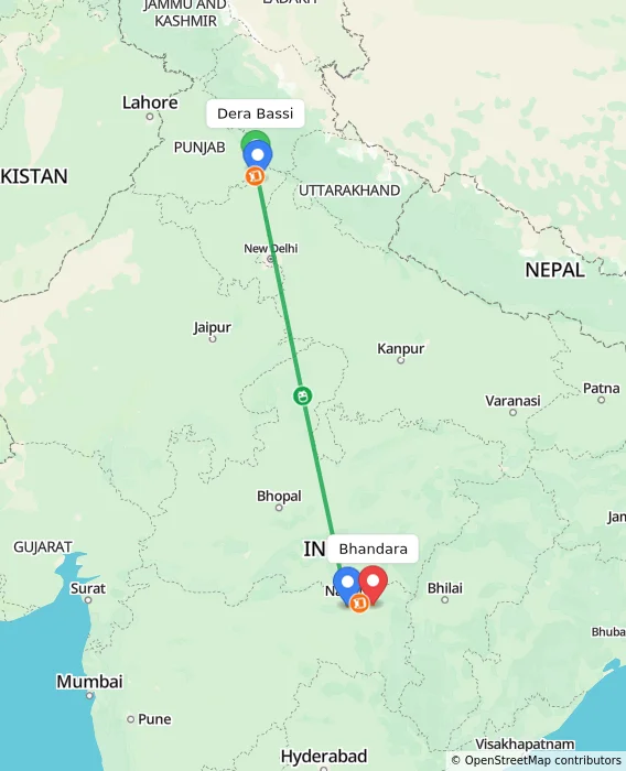 Route map showing distance and travel time from Dera Bassi, India to Bhandara, India