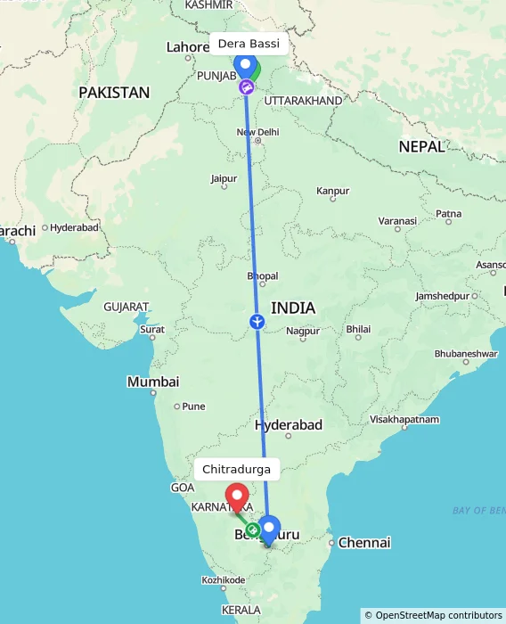 Route map showing distance and travel time from Dera Bassi, India to Chitradurga, India
