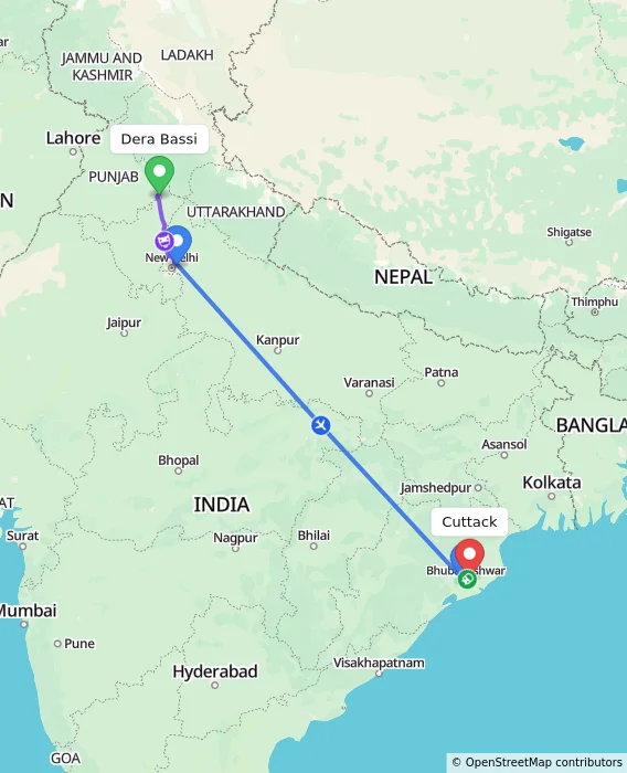Route map showing distance and travel time from Dera Bassi, India to Cuttack, India