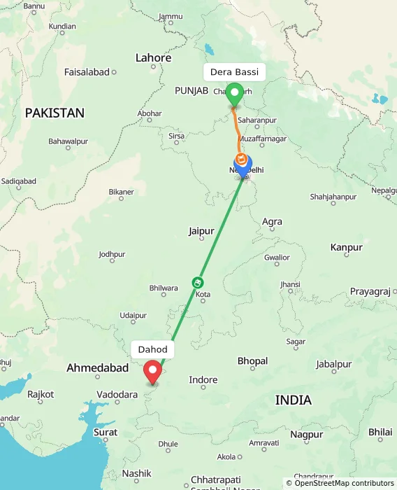 Route map showing distance and travel time from Dera Bassi, India to Dahod, India