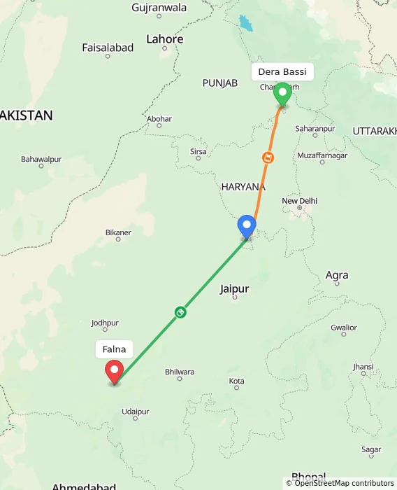 Route map showing distance and travel time from Dera Bassi, India to Falna, India