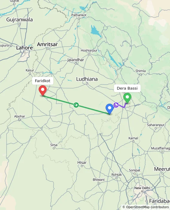 Route map showing distance and travel time from Dera Bassi, India to Faridkot, India