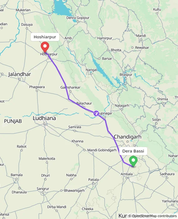 Route map showing distance and travel time from Dera Bassi, India to Hoshiarpur, India