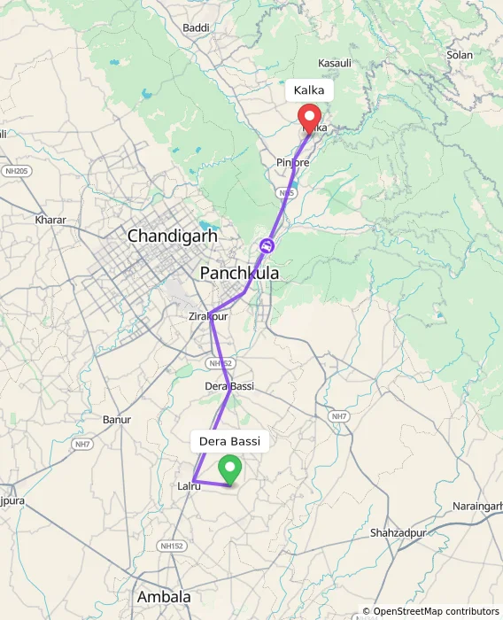 Route map showing distance and travel time from Dera Bassi, India to Kalka, India
