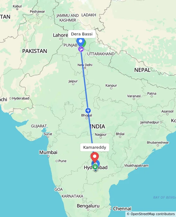 Route map showing distance and travel time from Dera Bassi, India to Kamareddy, India