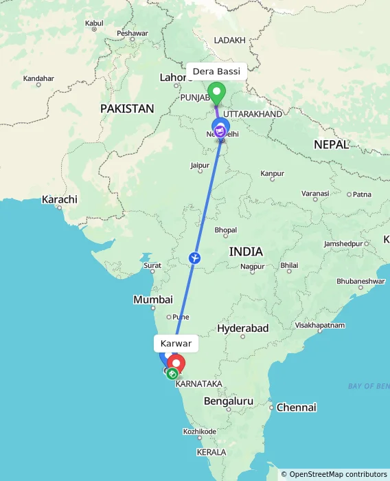Route map showing distance and travel time from Dera Bassi, India to Karwar, India