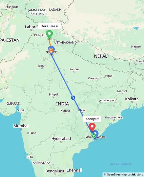 Route map showing distance and travel time from Dera Bassi, India to Koraput, India