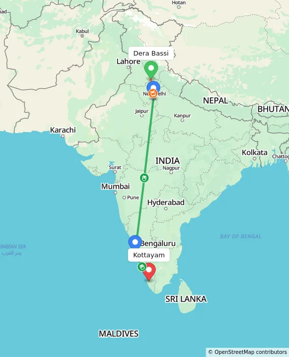 Route map showing distance and travel time from Dera Bassi, India to Kottayam, India