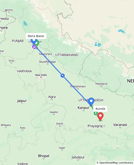 Route map showing distance and travel time from Dera Bassi, India to Kunda, India