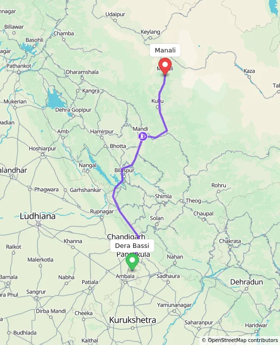 Route map showing distance and travel time from Dera Bassi, India to Manali, India