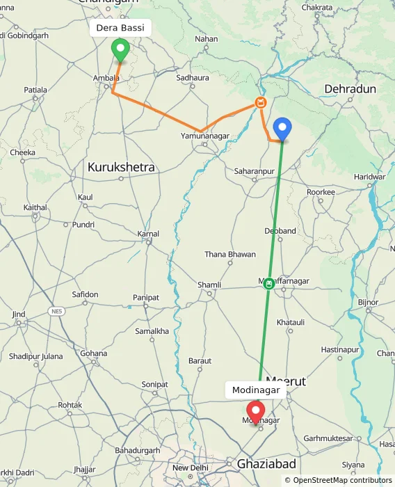 Route map showing distance and travel time from Dera Bassi, India to Modinagar, India