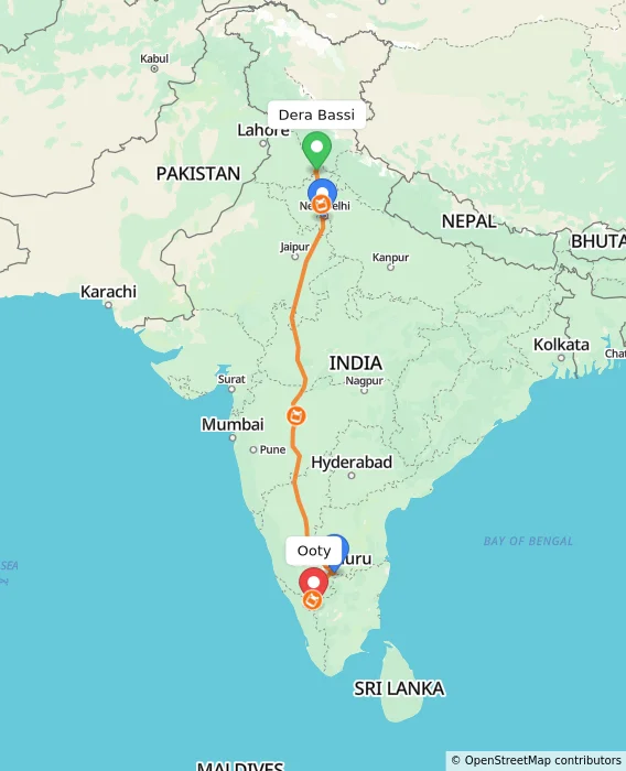 Route map showing distance and travel time from Dera Bassi, India to Ooty, India