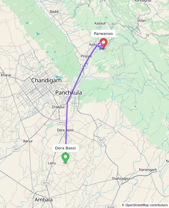 Route map showing distance and travel time from Dera Bassi, India to Parwanoo, India