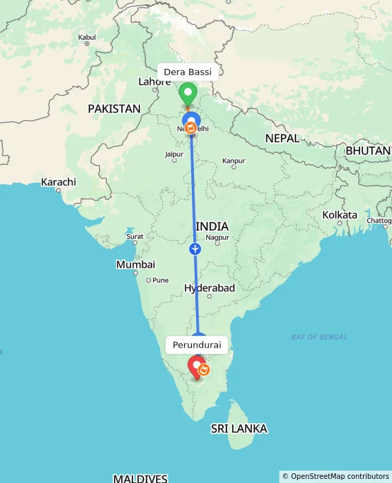 Route map showing distance and travel time from Dera Bassi, India to Perundurai, India