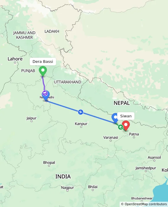 Route map showing distance and travel time from Dera Bassi, India to Siwan, India