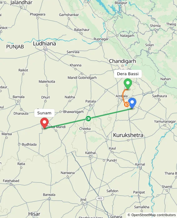 Route map showing distance and travel time from Dera Bassi, India to Sunam, India