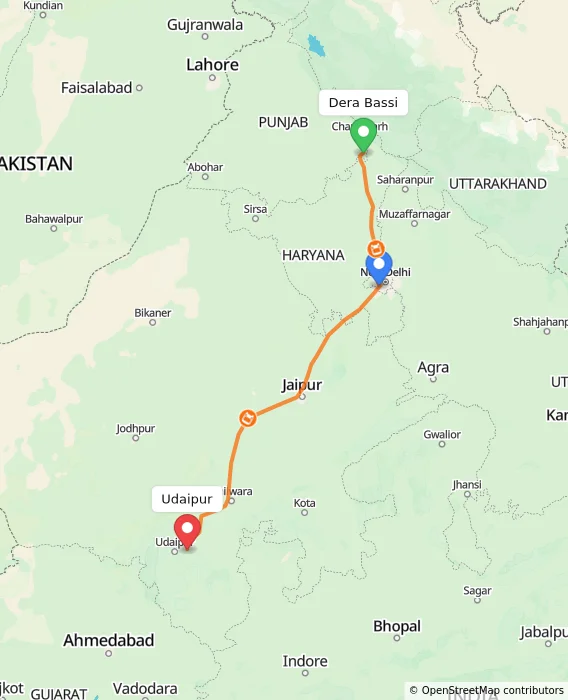 Route map showing distance and travel time from Dera Bassi, India to Udaipur, India