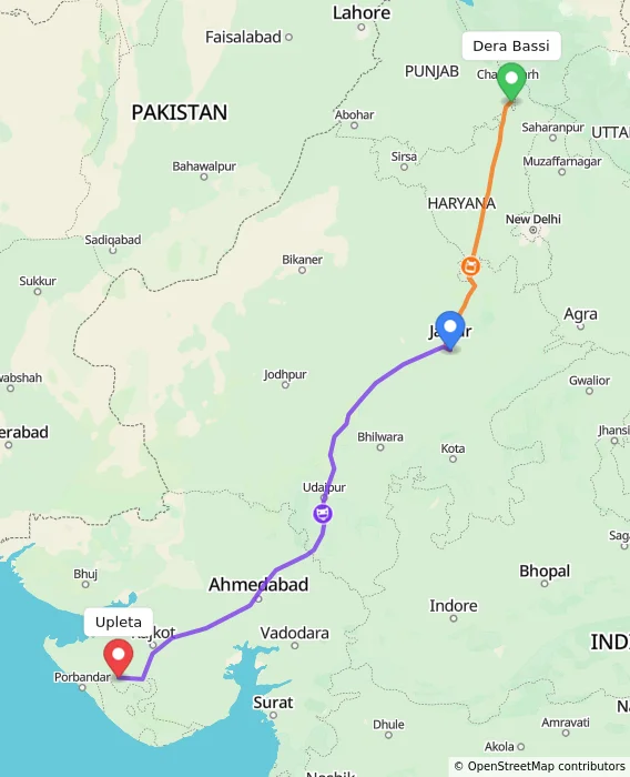 Route map showing distance and travel time from Dera Bassi, India to Upleta, India