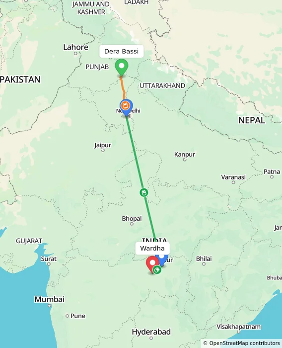 Route map showing distance and travel time from Dera Bassi, India to Wardha, India