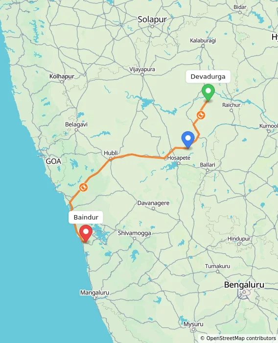 Route map showing distance and travel time from Devadurga, India to Baindur, India