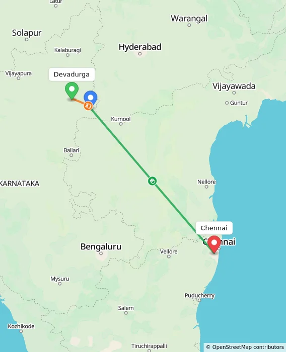 Route map showing distance and travel time from Devadurga, India to Chennai, India