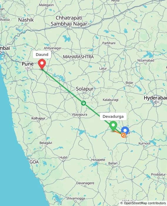 Route map showing distance and travel time from Devadurga, India to Daund, India